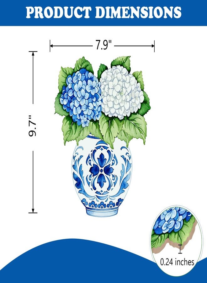 Bolisom Hydrangea Flower Front Door Sign, Chinoiserie Floral Blue and White Porcelain Vase Wood Hanger Outdoor Outside Porch Home Decor, Spring Summer Wooden Wreath Indoor Wall Hanging Decoration - Image 2