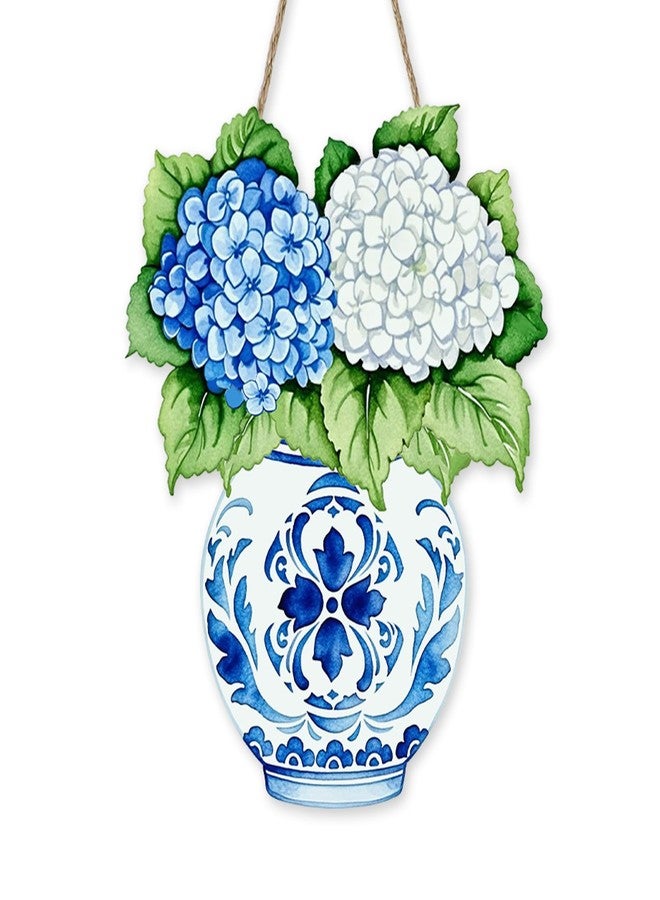 Bolisom Hydrangea Flower Front Door Sign, Chinoiserie Floral Blue and White Porcelain Vase Wood Hanger Outdoor Outside Porch Home Decor, Spring Summer Wooden Wreath Indoor Wall Hanging Decoration - Image 1