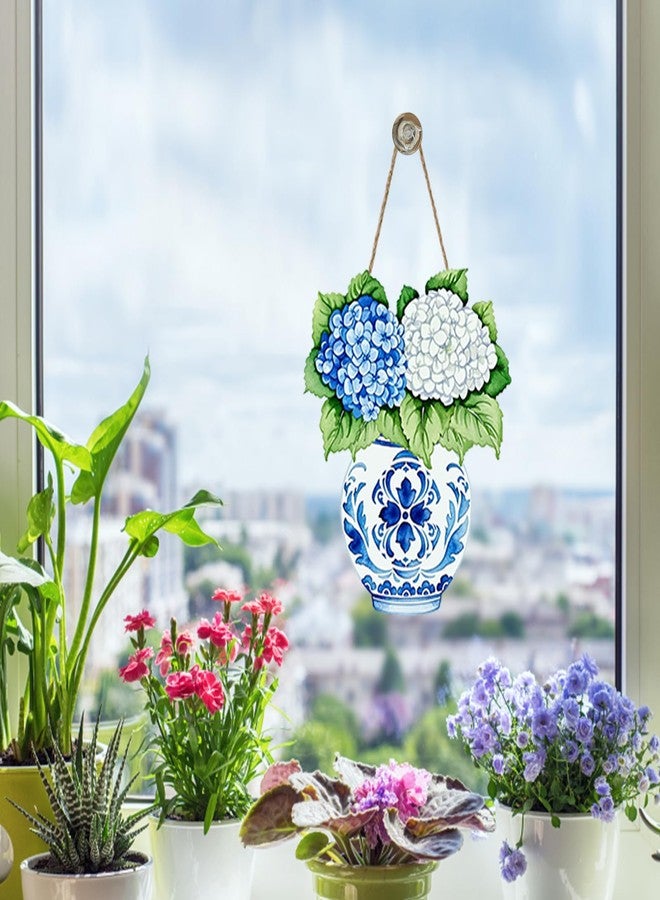 Bolisom Hydrangea Flower Front Door Sign, Chinoiserie Floral Blue and White Porcelain Vase Wood Hanger Outdoor Outside Porch Home Decor, Spring Summer Wooden Wreath Indoor Wall Hanging Decoration - Image 5