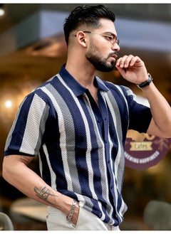 Maniac Mens Textured FlatKnit Navy Cotton Slim Fit Shirt  - Image 3