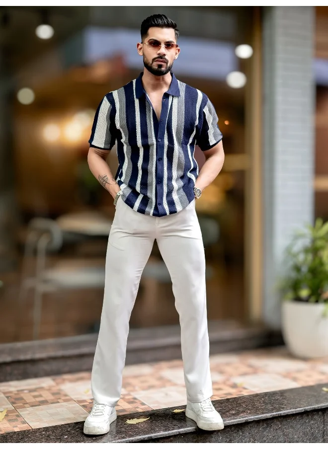 مانياك Mens Textured FlatKnit Navy Cotton Slim Fit Shirt