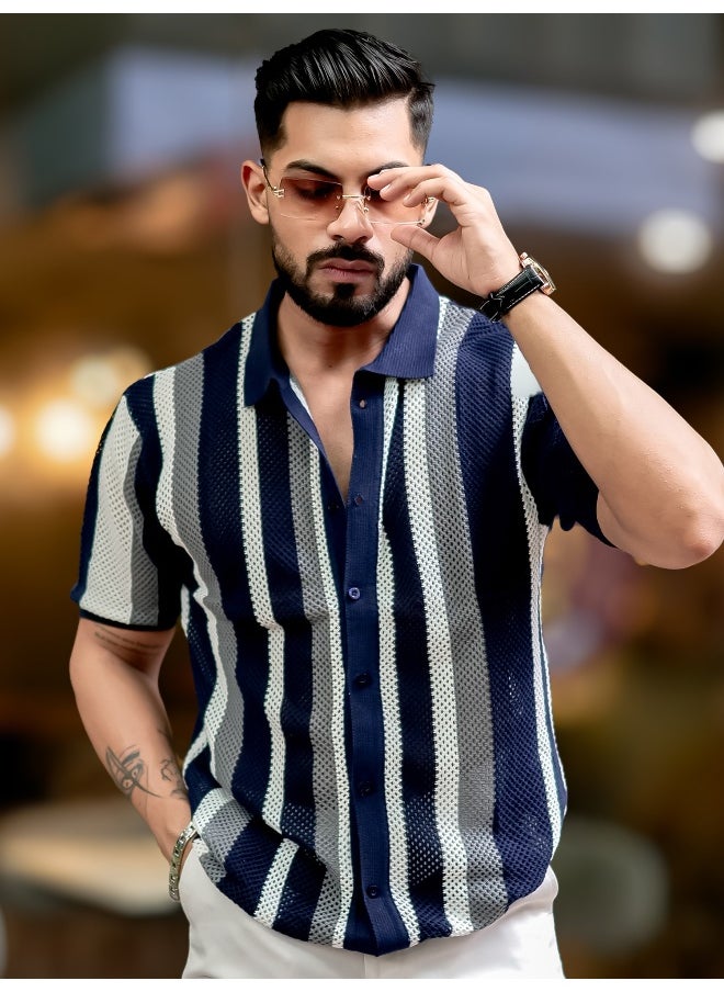 Maniac Mens Textured FlatKnit Navy Cotton Slim Fit Shirt  - Image 5
