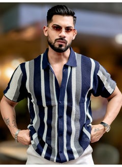 Maniac Mens Textured FlatKnit Navy Cotton Slim Fit Shirt  - Image 1