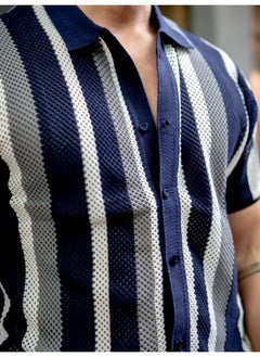 Maniac Mens Textured FlatKnit Navy Cotton Slim Fit Shirt  - Image 4
