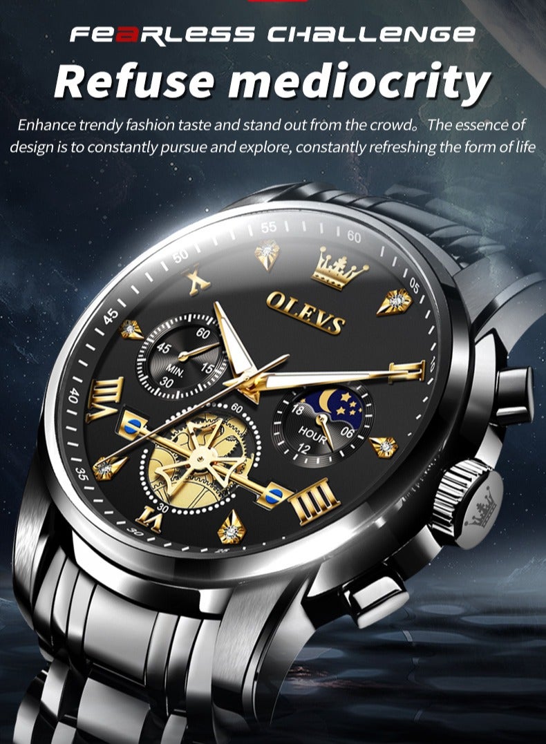 OLEVS Watches for Men Fashion Stainless Steel Quartz Chronograph Water Resistant Watch 42mm 2856 Business Black Quartz Watches - Image 3