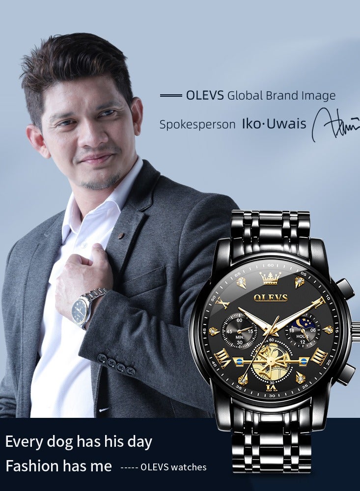 OLEVS Watches for Men Fashion Stainless Steel Quartz Chronograph Water Resistant Watch 42mm 2856 Business Black Quartz Watches - Image 2