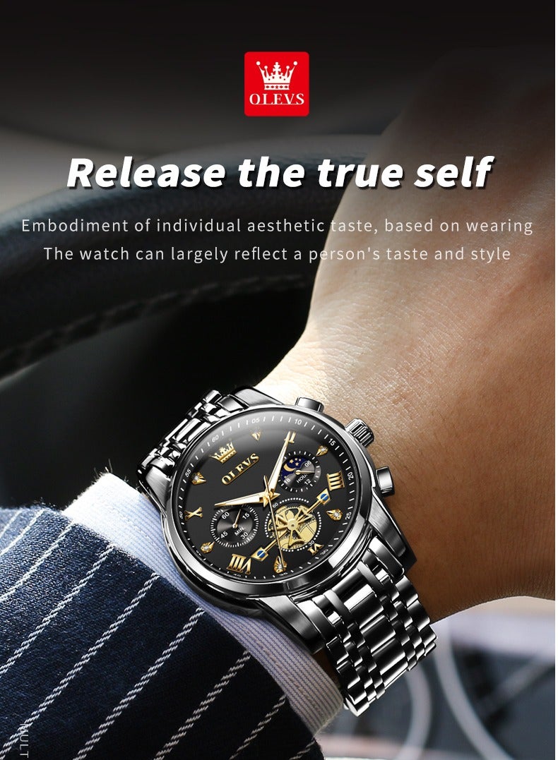 OLEVS Watches for Men Fashion Stainless Steel Quartz Chronograph Water Resistant Watch 42mm 2856 Business Black Quartz Watches - Image 4