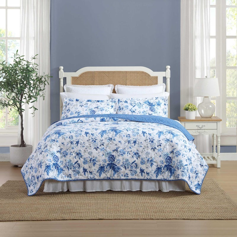 Laura Ashley FullQueen Quilt Set Reversible Cotton Bedding with Matching Shams Lightweight Home Decor for All Seasons Breezy Floral Blue FullQueen