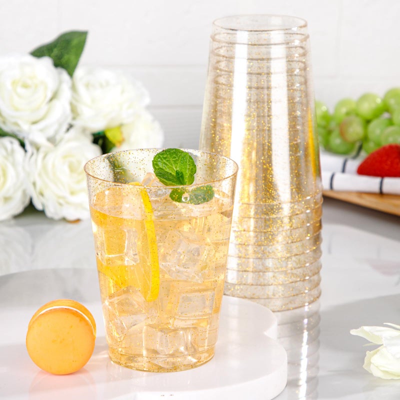 I00000 60 Pack 10oz Gold Plastic Cups  Premium Disposable Gold Glitter Plastic Cups for Martini and Cocktail Hard Clear Plastic Cups with Gold Glitter Perfect for Fancy Wedding and Elegant Party Cups - Image 1