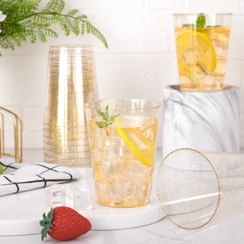 I00000 60 Pack 10oz Gold Plastic Cups  Premium Disposable Gold Glitter Plastic Cups for Martini and Cocktail Hard Clear Plastic Cups with Gold Glitter Perfect for Fancy Wedding and Elegant Party Cups - Image 3