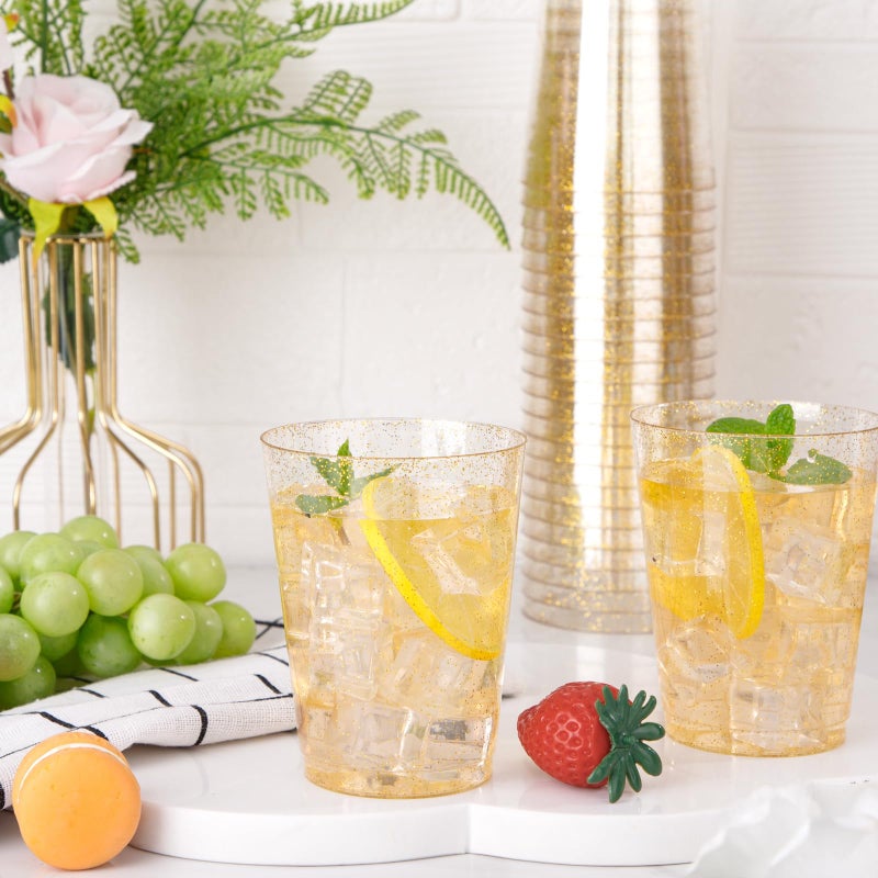 I00000 60 Pack 10oz Gold Plastic Cups  Premium Disposable Gold Glitter Plastic Cups for Martini and Cocktail Hard Clear Plastic Cups with Gold Glitter Perfect for Fancy Wedding and Elegant Party Cups - Image 2