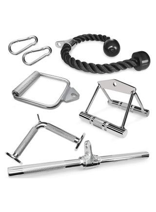 مرفق سحب كومبو LAT - ملحقات آلة الكابل لصالة الألعاب الرياضية المنزلية مع خيارات متعددة: مقبض على شكل حرف V، وحبل ثلاثي الرؤوس، ومقبض على شكل حرف D، وقضيب على شكل حرف V، وقضيب تجعيد وقضيب دوار