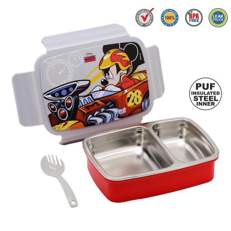 SKi Homeware SKI Crunchy Insulated 2 Grid bento Lunch Box with Stainless Steel Inner and a Spoon-Cum-Fork- Mickey - Image 3