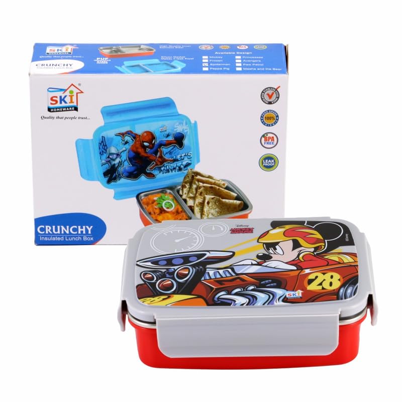 SKi Homeware SKI Crunchy Insulated 2 Grid bento Lunch Box with Stainless Steel Inner and a Spoon-Cum-Fork- Mickey - Image 4