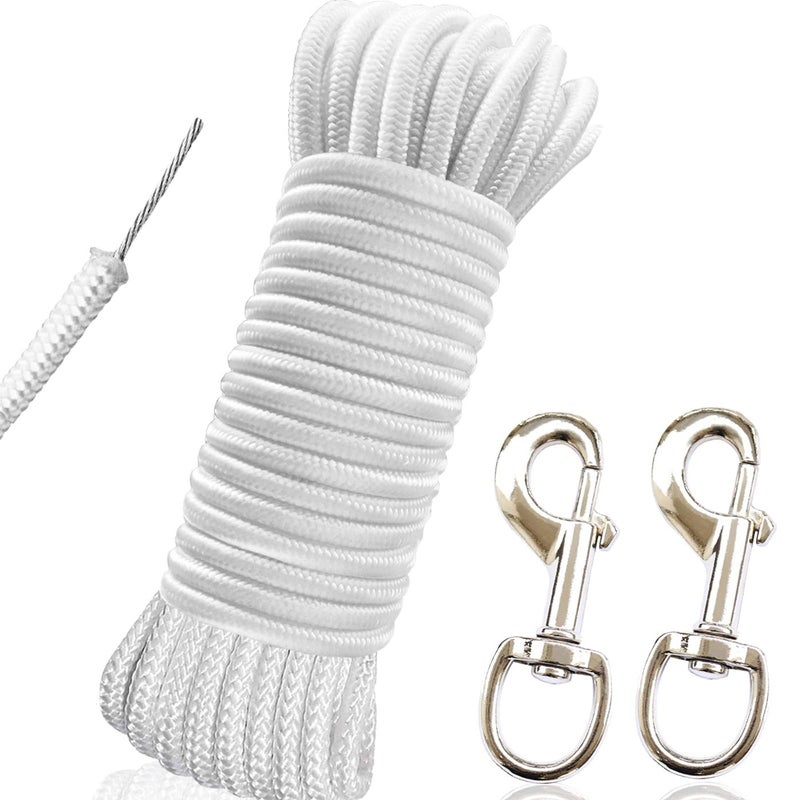RUSON 50 Feet 516 Inch Wire Center Flag Pole Rope and Clips Kit White Braided Polyester Halyard Steel Center Flag Rope with 2 Pcs 35 Flag Swivel Snap Hooks