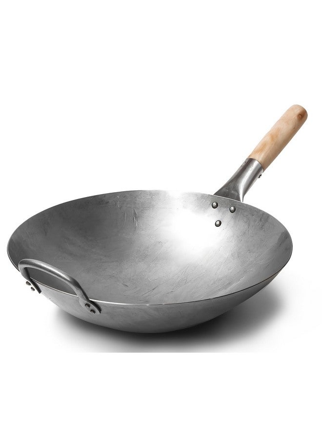Craft Wok Traditional Hand Hammered Chinese Carbon Steel Wok with Wooden and Steel Helper Handle (14 Inch, Round Bottom Pow Wok Pan) / 731W88 - Image 1