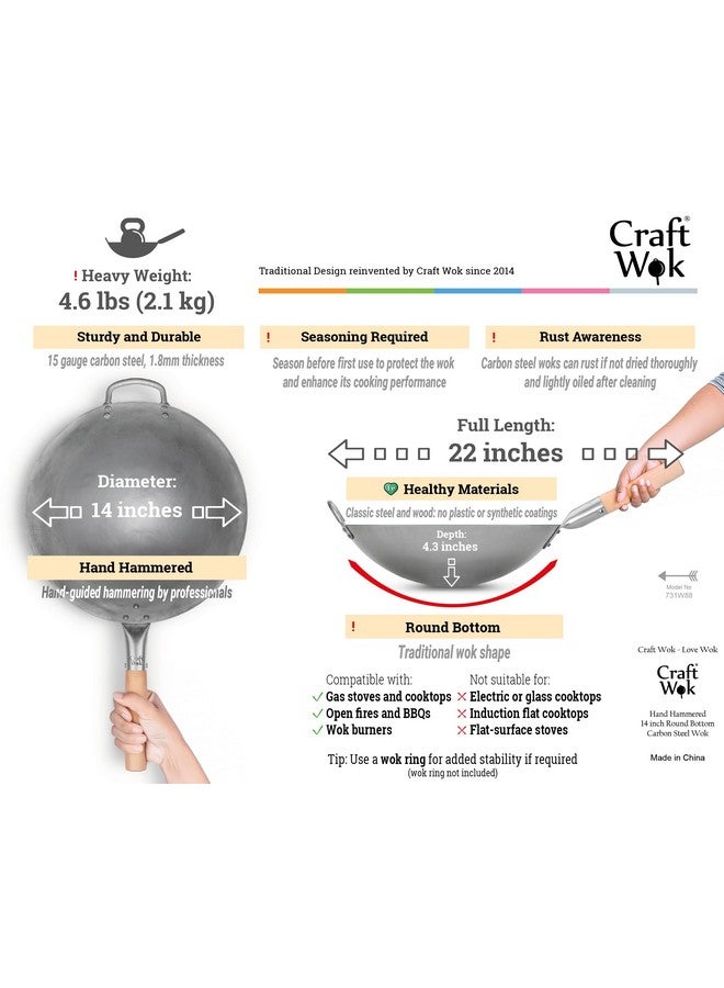 Craft Wok Traditional Hand Hammered Chinese Carbon Steel Wok with Wooden and Steel Helper Handle (14 Inch, Round Bottom Pow Wok Pan) / 731W88 - Image 2