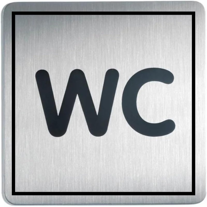 WC Brushed Stainless Steel Bathroom Sign, Square, 95mm x 95mm, Toilet Symbol - Image 1
