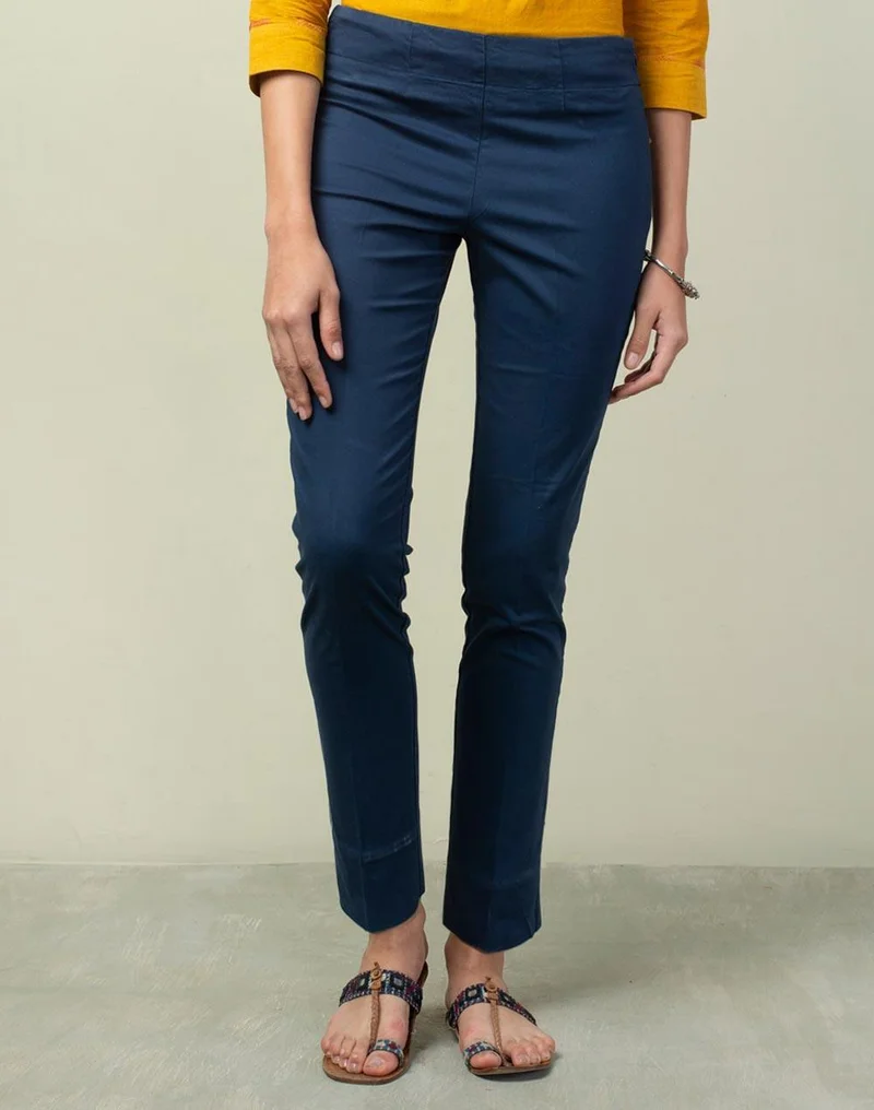 Fabindia Blue Cotton Full Length Formal Slim Stretch Pant