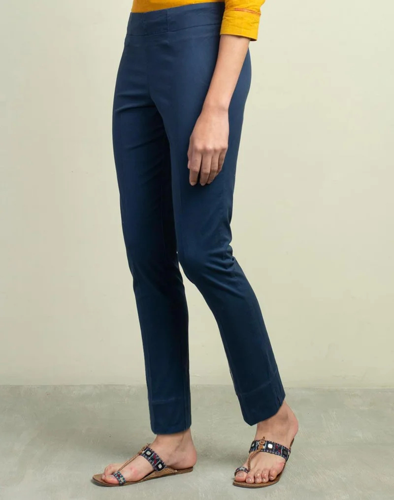 Fabindia Blue Cotton Full Length Formal Slim Stretch Pant