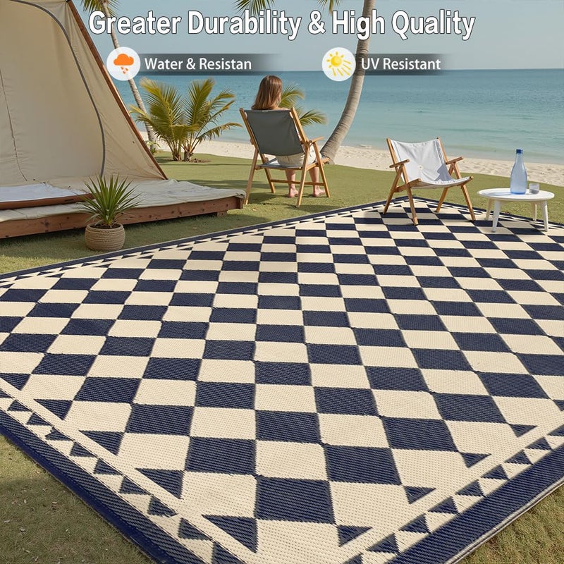 HUGEAR Outdoor Rug for Patios Clearance,Waterproof Mat,Large Outside Carpet,Reversible Plastic Straw Camping Rugs,Rv,Porch,Deck,Camper,Balcony,Backyard (9x12,Checkered/Black&Beige) - Image 4