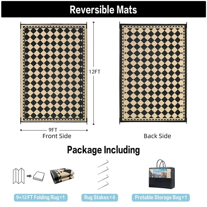 HUGEAR Outdoor Rug for Patios Clearance,Waterproof Mat,Large Outside Carpet,Reversible Plastic Straw Camping Rugs,Rv,Porch,Deck,Camper,Balcony,Backyard (9x12,Checkered/Black&Beige) - Image 2