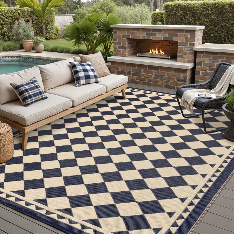 HUGEAR Outdoor Rug for Patios Clearance,Waterproof Mat,Large Outside Carpet,Reversible Plastic Straw Camping Rugs,Rv,Porch,Deck,Camper,Balcony,Backyard (9x12,Checkered/Black&Beige) - Image 1