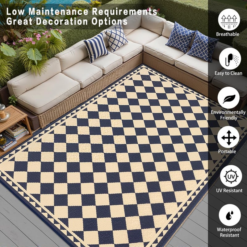 HUGEAR Outdoor Rug for Patios Clearance,Waterproof Mat,Large Outside Carpet,Reversible Plastic Straw Camping Rugs,Rv,Porch,Deck,Camper,Balcony,Backyard (9x12,Checkered/Black&Beige) - Image 3