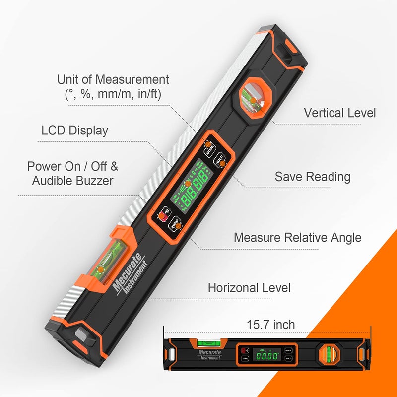 Mecurate Digital Level 15.7'' with LCD Display, 360Â° Angle Magnetic Digital Torpedo Level, Vertical & Horizontal Spirit Bubble Protractor for Construction Carpenter Craftsman Home Professional - Image 3