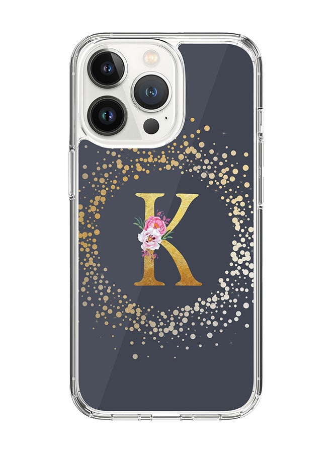 Classic Clear Case For iPhone 14 Pro, Hybrid Soft Case Flexible Edges Thin Cover- Custom Monogram Initial Letter Floral Pattern Alphabet - K (Grey)