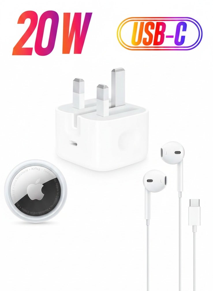 Apple 20W USB-C Fast Charger (3-Pin Power Adapter), AirTag (1-Pack), and EarPods with USB-C Connector – White - Image 1