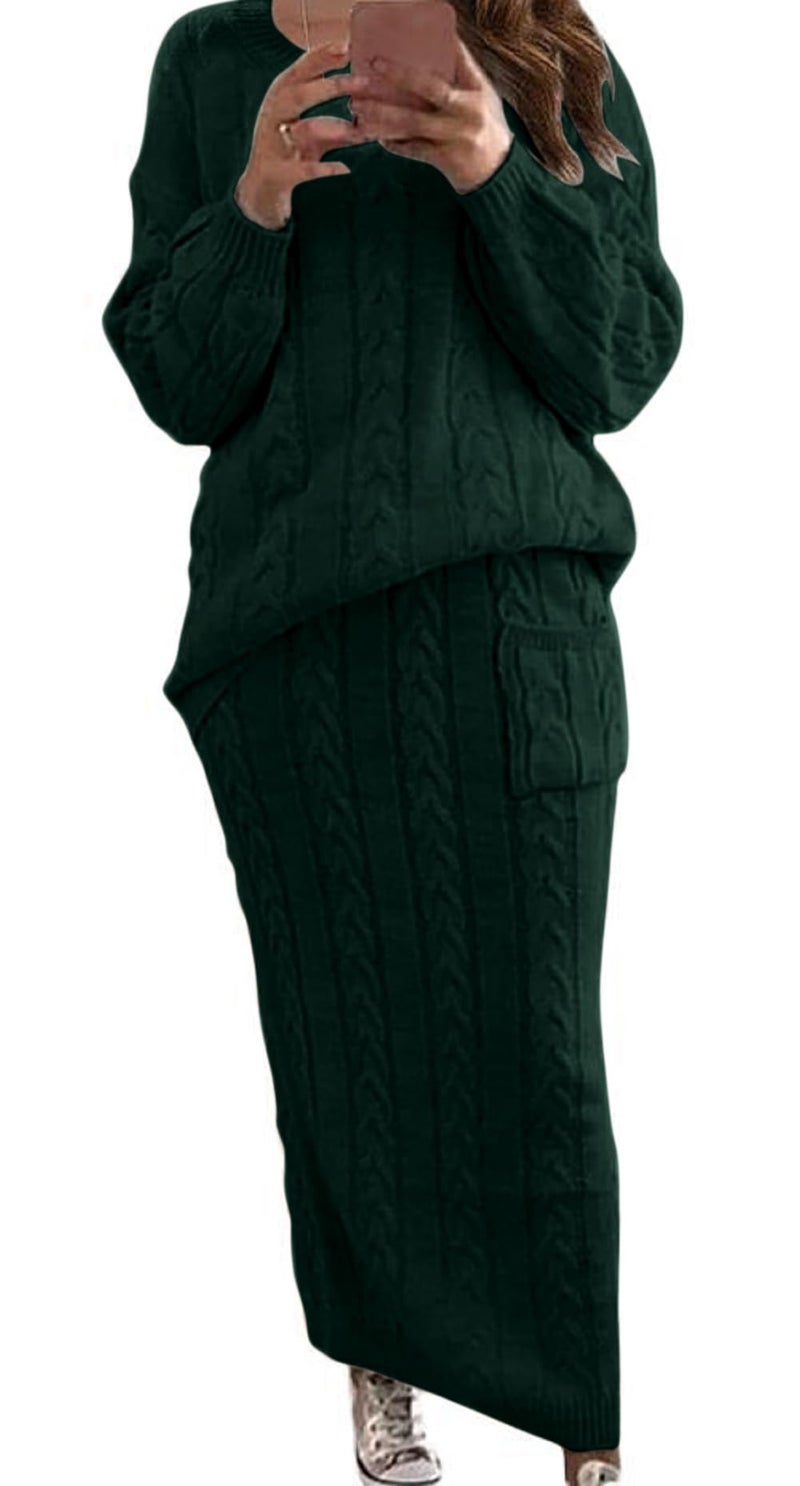 CHARTOU Women's Winter Chunky Cable Knit Long Skirt 2 Piece Outfit Sweater Sets (Small, Green) - Image 1