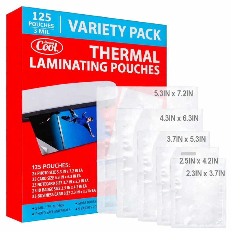 Simply Cool 3MIL Thermal Laminating Sheets (125 Count) Photo, Card, Notecard, ID Badge, and Business Card Sizes, Dry-Erase Friendly Laminating Pouches, Compatible with Laminators, Crystal Clear Laminated Finish - Image 1