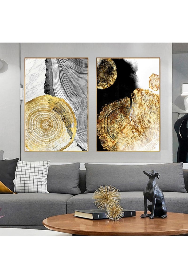Wooden Twist Modern Decorative Abstract Golden Grey Tree Stump Canvas Wall Art Painting Set of 2 (70 x 50 cm)  - Image 1