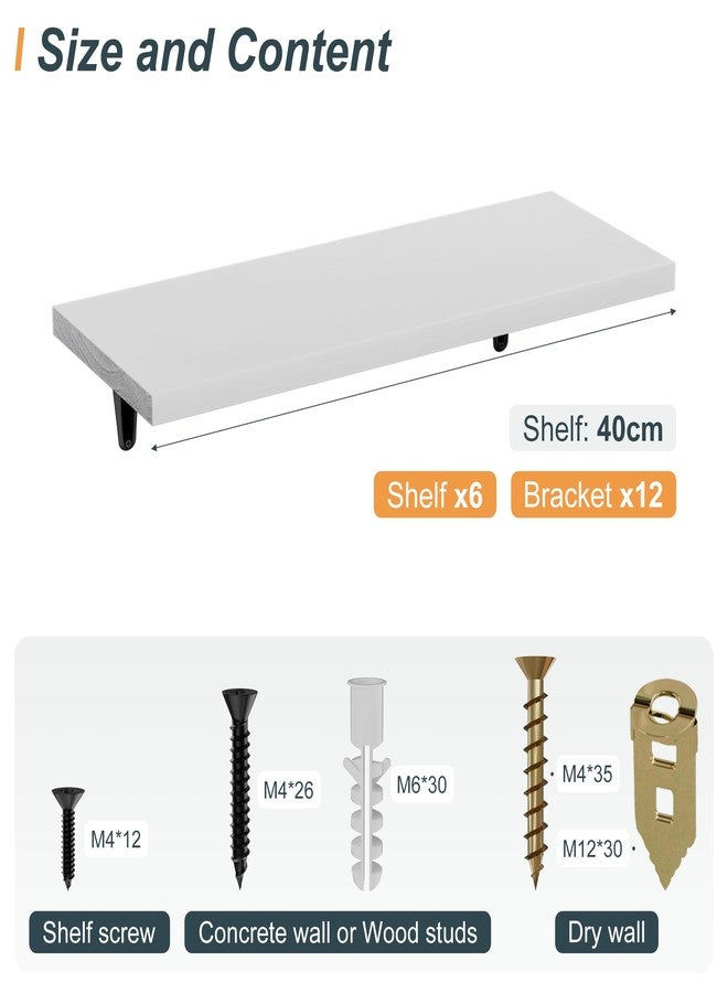 SKYSEN Floating Shelves for Wall Set of 6, 15.7in Wood Wall Shelf for Decor, Bathroom, Bedroom, Storage, Book,Kitchen, Living Room - White(fs-40-w) - Image 3