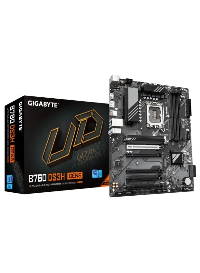 Gigabyte B760 DS3H GEN5 Motherboard, Intel LGA1700 B760 Chipset, DDR5 4× DIMM, PCIe 5.0 x16, Dual M.2 PCIe 4.0 NVMe, USB 3.2 Gen2 Type-C, HDMI & DisplayPort, 8-Phase VRM, 1GbE LAN, Smart Fan 6, ATX Gaming Motherboard - Image 1
