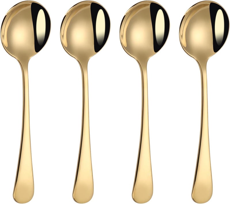 Mafier 7" Round Soup Spoons Set of 4,18/10 Stainless Steel Heavy Duty with Deep Bowl,Fine Mirror Polished,Dishwasher Safe(Gold) - Image 1