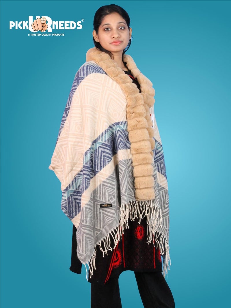 Pick Ur Needs Elegant Winter Soft & Warm Woolen Shawl with Faux Fur Border Multi Color Pattern Scarf (Camel Brown 2) - Image 4