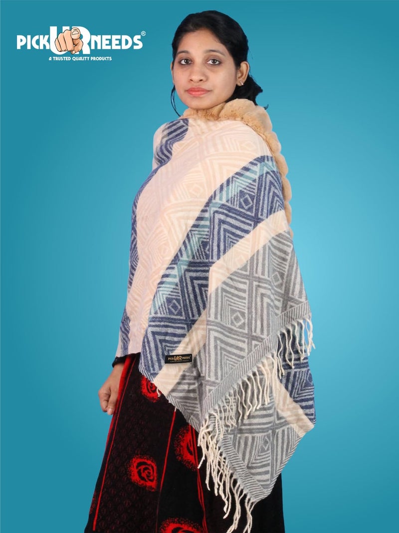 Pick Ur Needs Elegant Winter Soft & Warm Woolen Shawl with Faux Fur Border Multi Color Pattern Scarf (Camel Brown 2) - Image 3