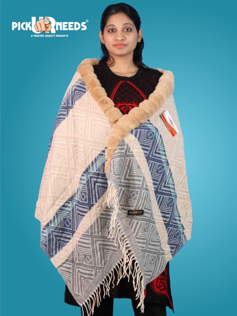 Pick Ur Needs Elegant Winter Soft & Warm Woolen Shawl with Faux Fur Border Multi Color Pattern Scarf (Camel Brown 2) - Image 5