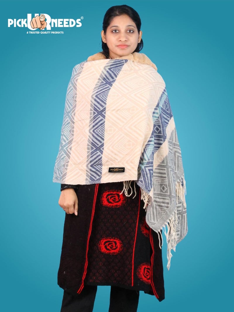 Pick Ur Needs Elegant Winter Soft & Warm Woolen Shawl with Faux Fur Border Multi Color Pattern Scarf (Camel Brown 2) - Image 2