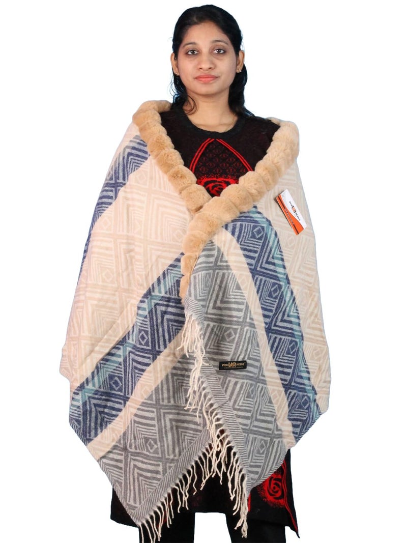 Pick Ur Needs Elegant Winter Soft & Warm Woolen Shawl with Faux Fur Border Multi Color Pattern Scarf (Camel Brown 2) - Image 1