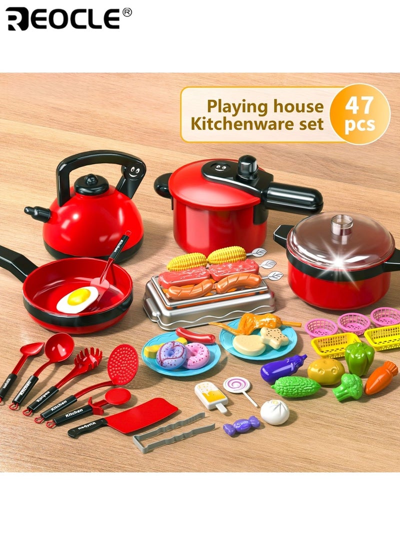 REOCLE 47pcs Children's Simulated Cooking Toys Role-Playing Kid's Toys Kitchen Game Early Education Enhance Learning and lmagination Durable Plastic Material Birthday Gifts for Boys sand Girls - Image 1