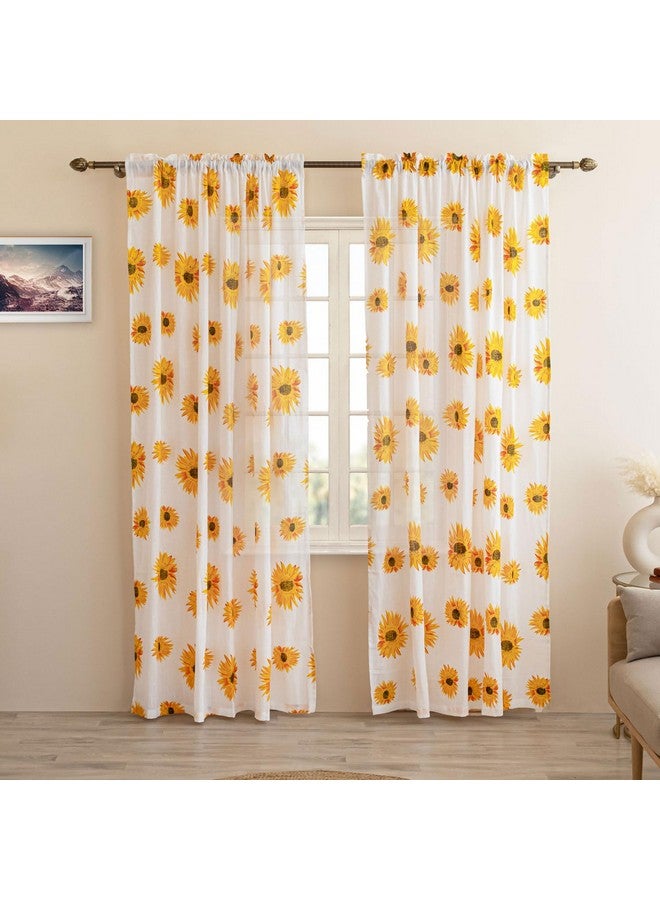 Homemonde Long Door 9 Feet Curtains Set Of 2 - Cotton Sheer Linen Printed Curtain For Living Room Decoration, White Sun Flower Drapes, 108 Inches - Grommet - Image 3