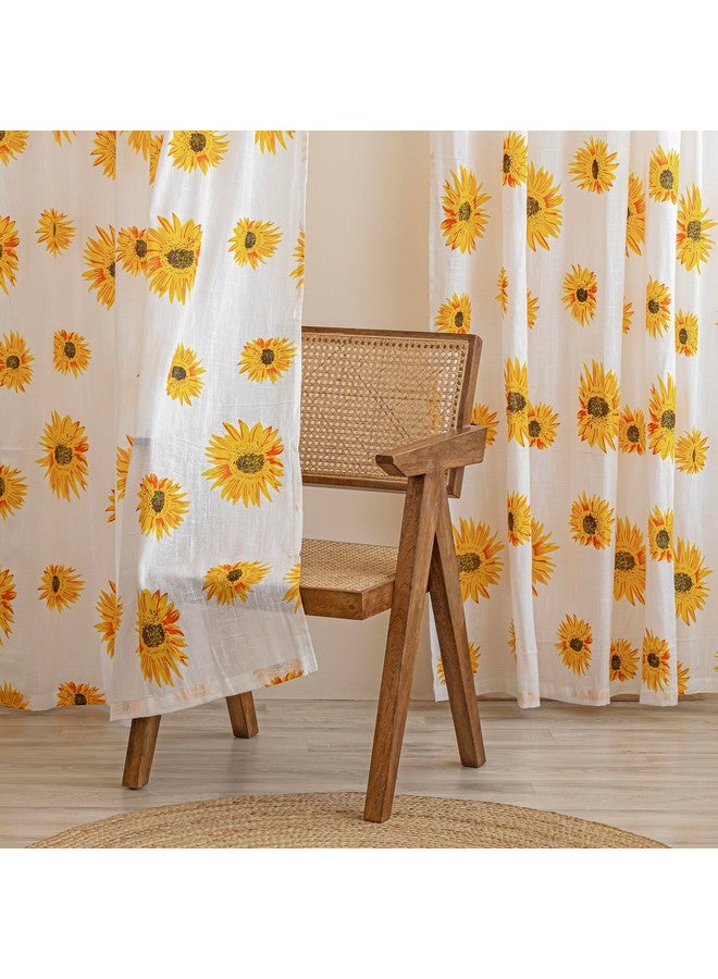 Homemonde Long Door 9 Feet Curtains Set Of 2 - Cotton Sheer Linen Printed Curtain For Living Room Decoration, White Sun Flower Drapes, 108 Inches - Grommet - Image 2
