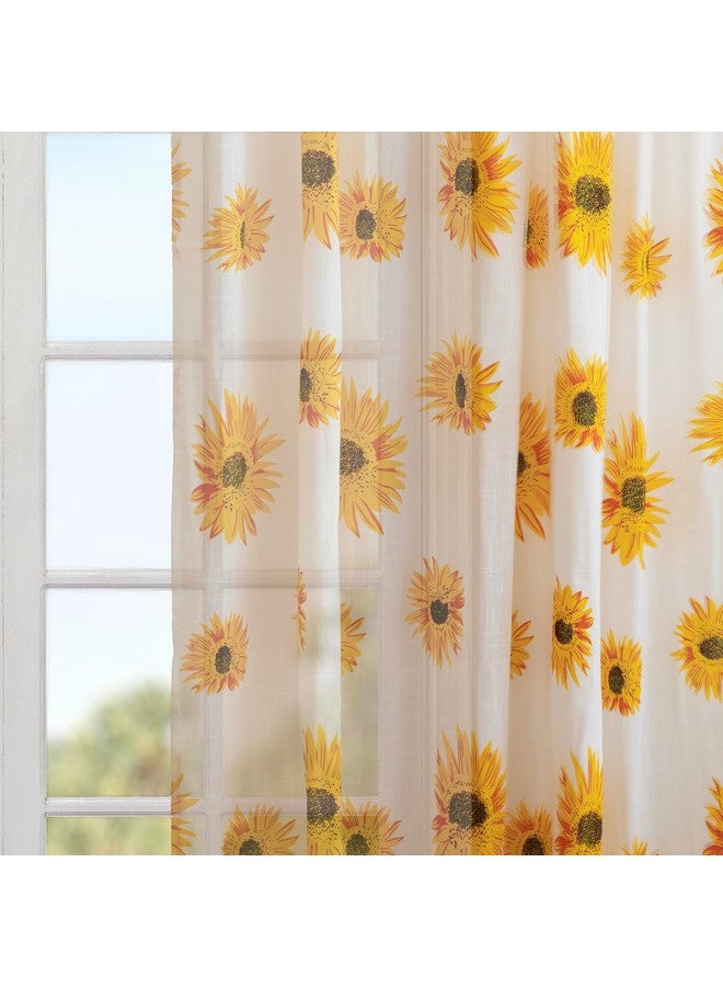Homemonde Long Door 9 Feet Curtains Set Of 2 - Cotton Sheer Linen Printed Curtain For Living Room Decoration, White Sun Flower Drapes, 108 Inches - Grommet - Image 4
