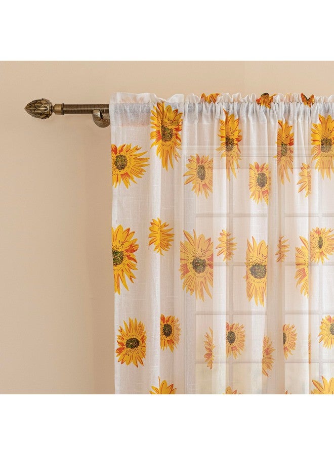 Homemonde Long Door 9 Feet Curtains Set Of 2 - Cotton Sheer Linen Printed Curtain For Living Room Decoration, White Sun Flower Drapes, 108 Inches - Grommet - Image 1