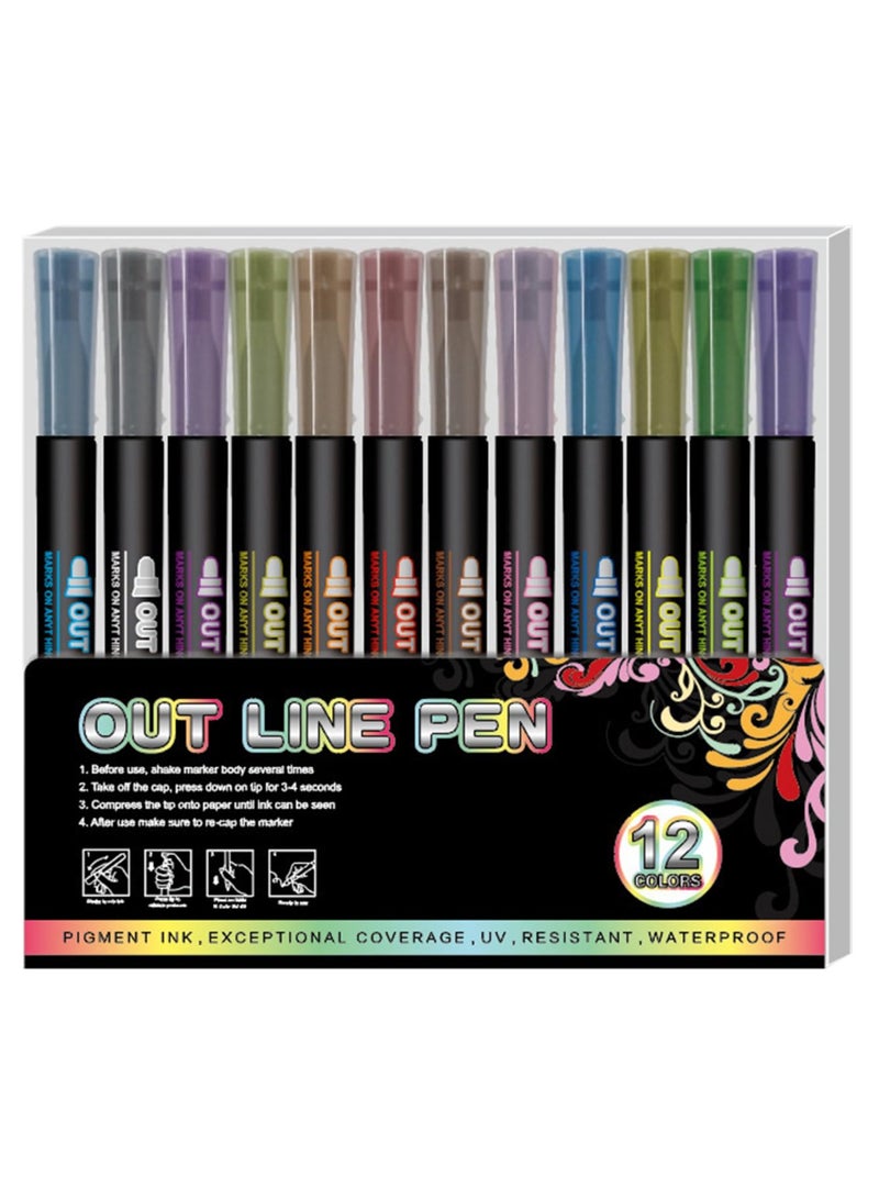 Generic Outline Highlighter Pen, 12 Colors, Double Line Glitter Shimmer Marker Pen, Portable Hand Account Planner Pen for Note-Taking Card Making DIY, 12Pcs  - Image 1