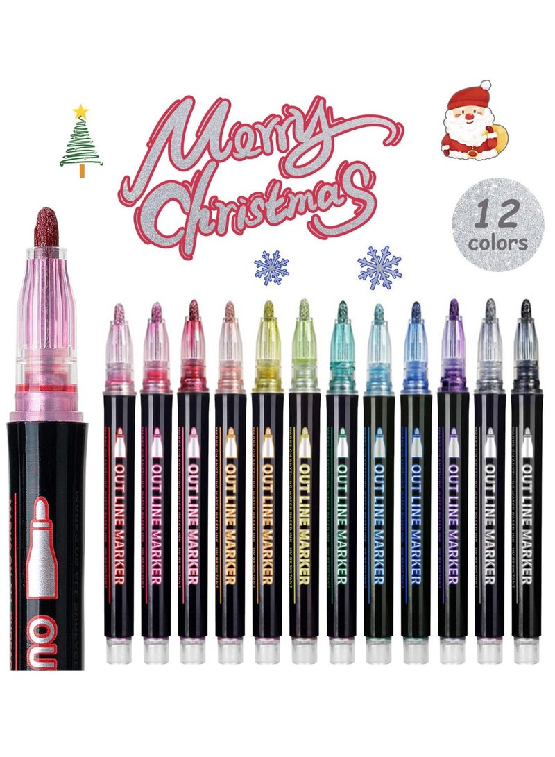 Generic Outline Highlighter Pen, 12 Colors, Double Line Glitter Shimmer Marker Pen, Portable Hand Account Planner Pen for Note-Taking Card Making DIY, 12Pcs  - Image 2