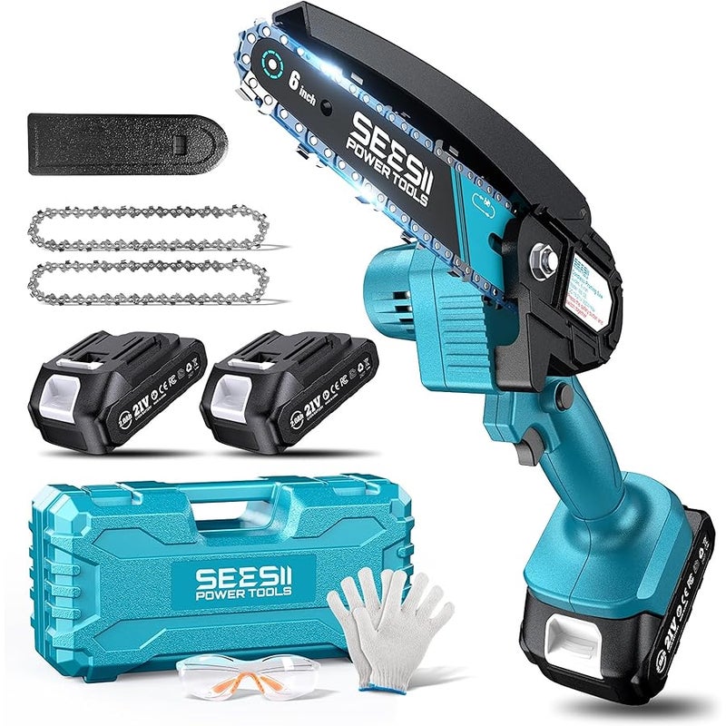 Seesii Mini Chainsaw, 6-inch Mini Chainsaw Cordless, Handheld Electric Power Chain Saw with 2 Batteries, for Tree Trimming Wood Cutting, Best Gifts for Father, Dad, Husband, Men - Image 1